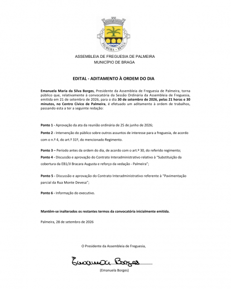 Sess&atilde;o Ordin&aacute;ria da Assembleia de Freguesia | 30 de setembro de 2026